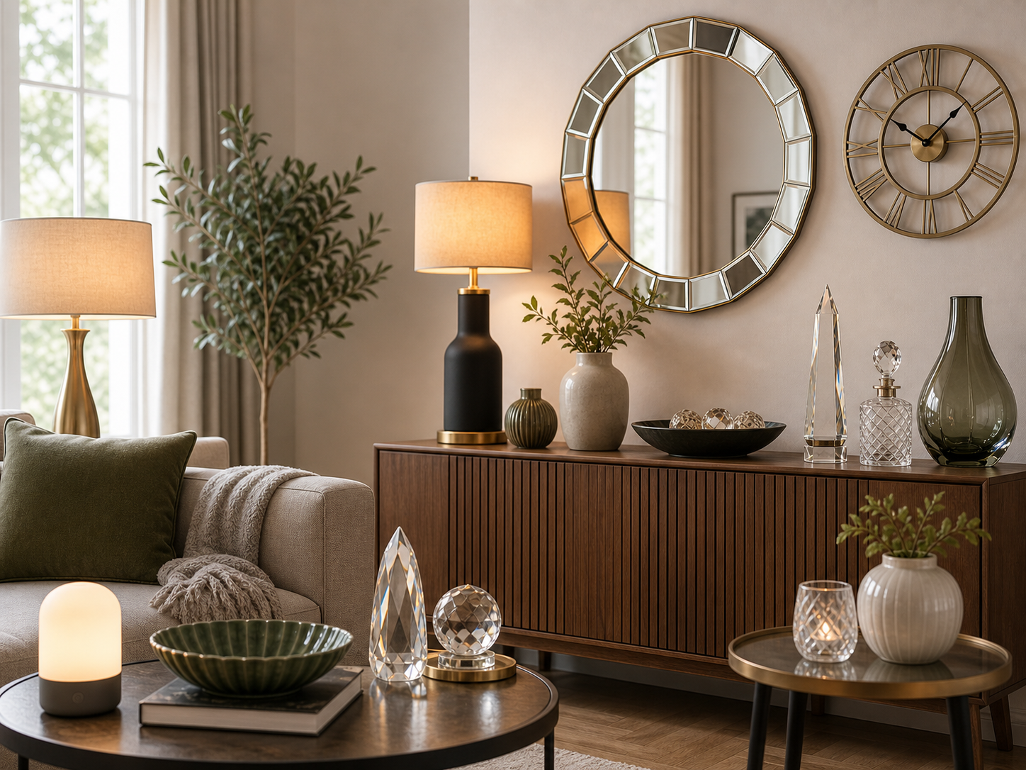 A warmly lit, styled living space featuring Number 10 lamps and décor
