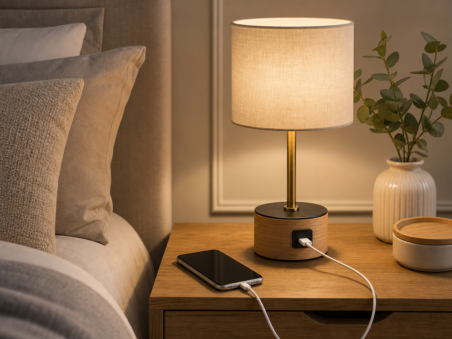 Bedside lamp with built-in USB charger